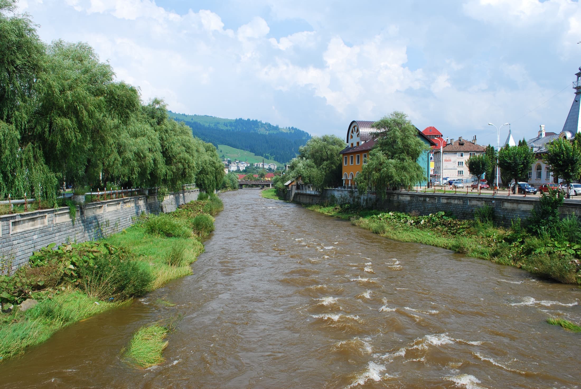 Râul Dorna traversând Vatra Dornei, cu clădiri și dealuri în fundal.